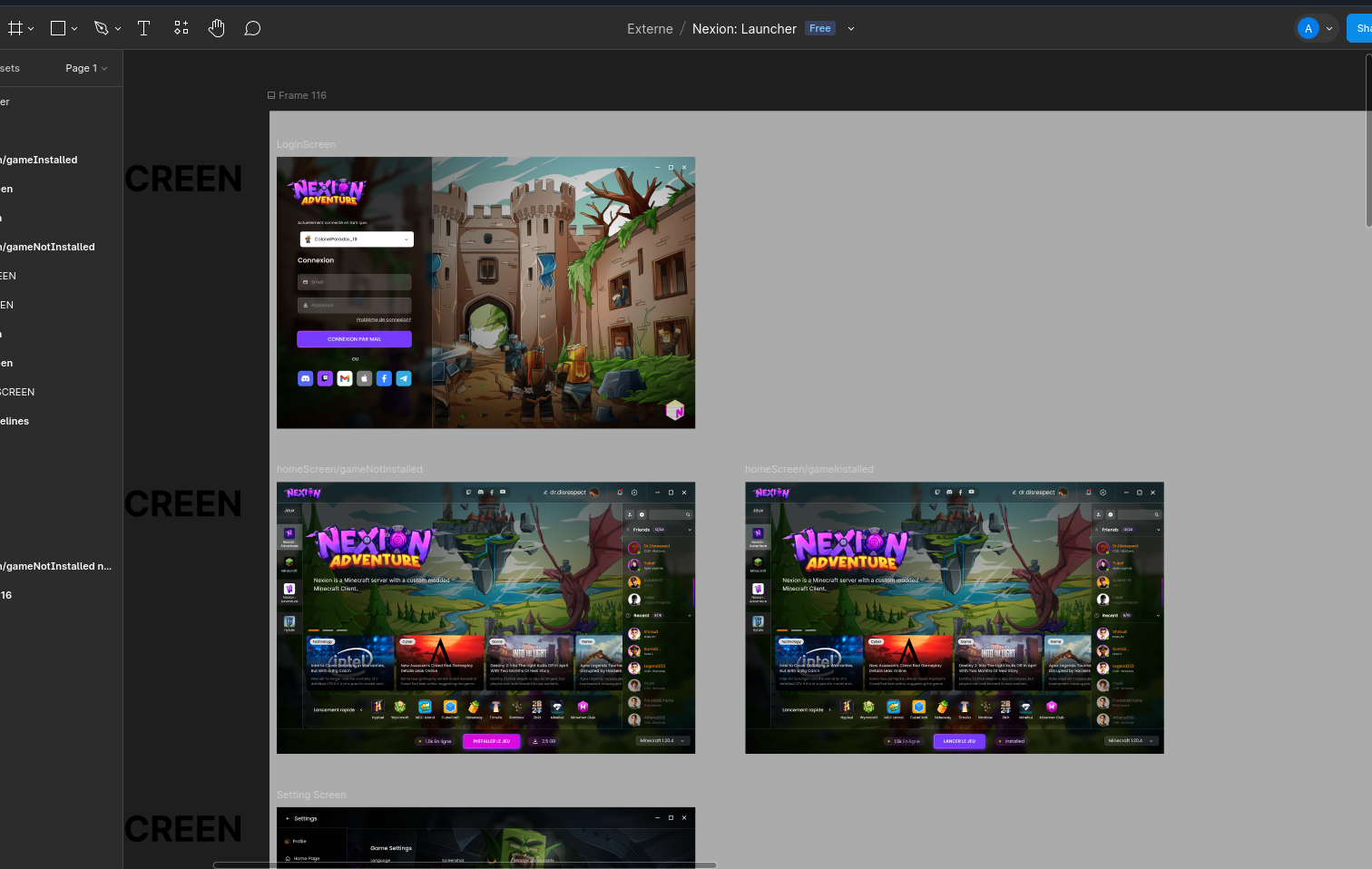 Figma mockup of Nexion: Adventure launcher